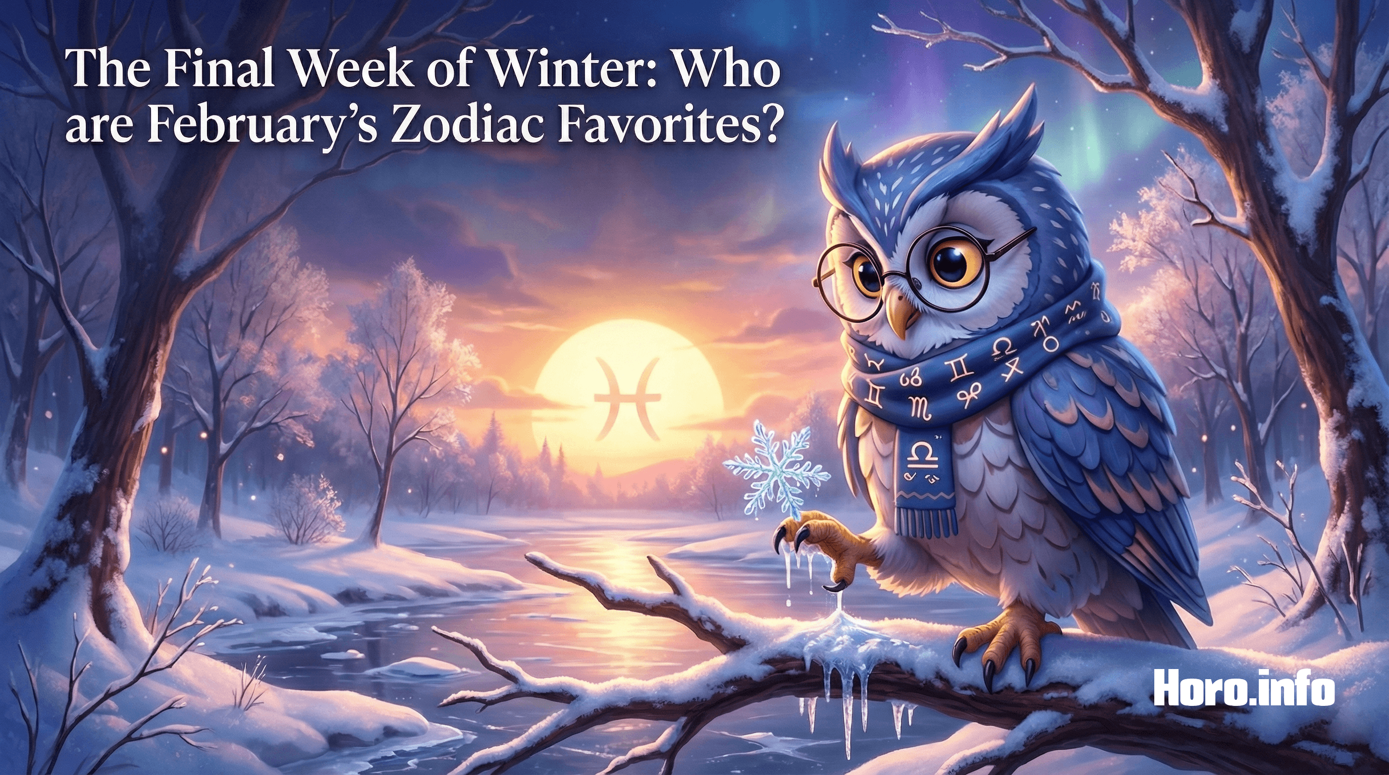 Horo the Owl looking at a melting snowflake under a bright, ethereal Pisces sun.