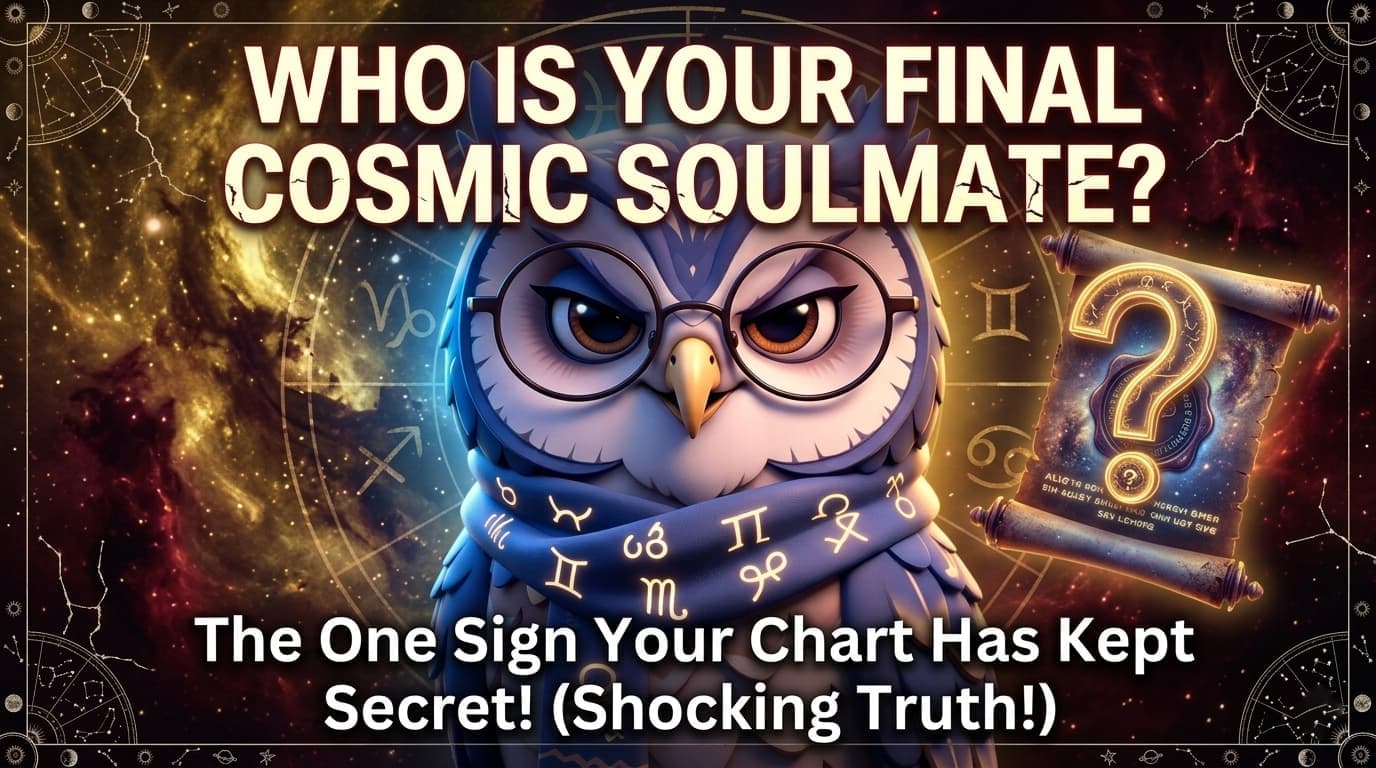 Illustrated zodiac wheel with cosmic soulmate pairings and star constellations on a deep purple night sky background