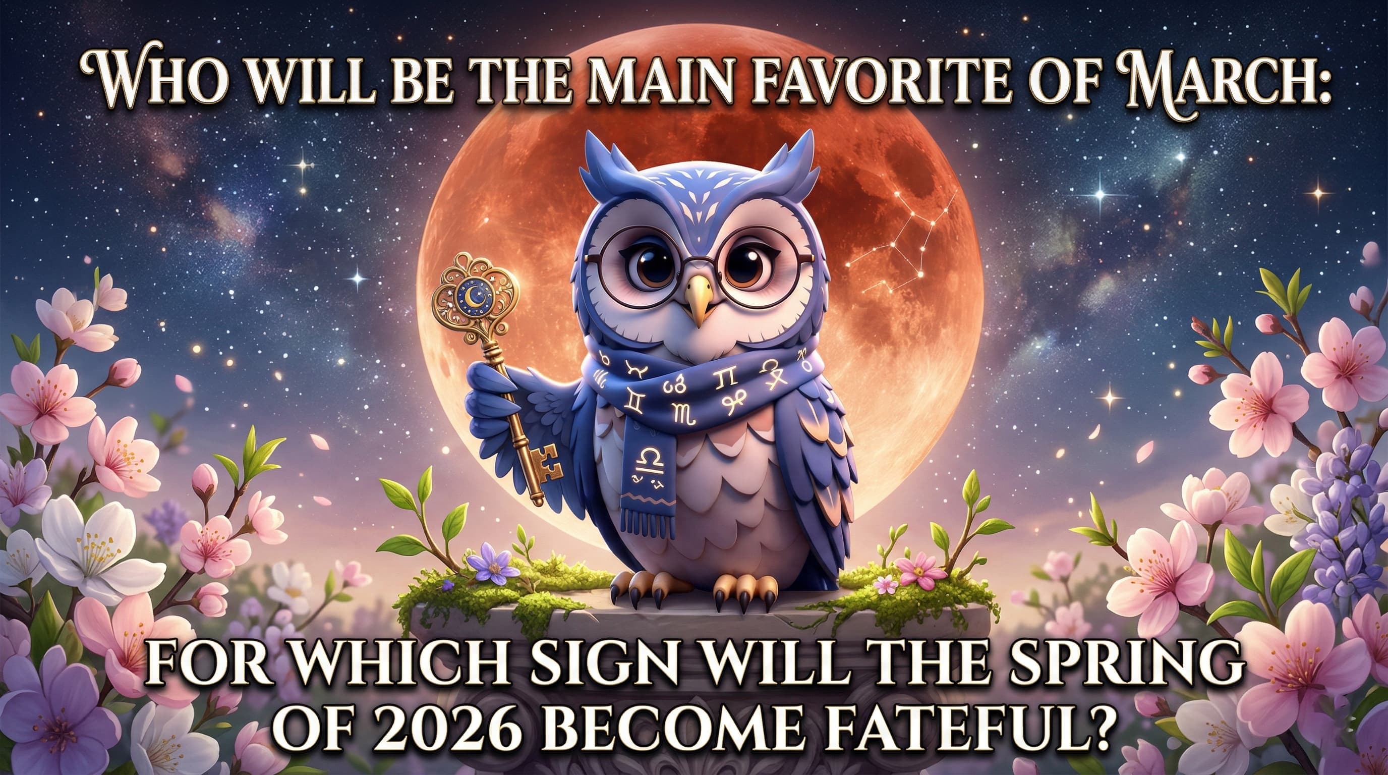 Horo the Owl holding a golden key, standing in front of a blooming flower and a red eclipse moon.