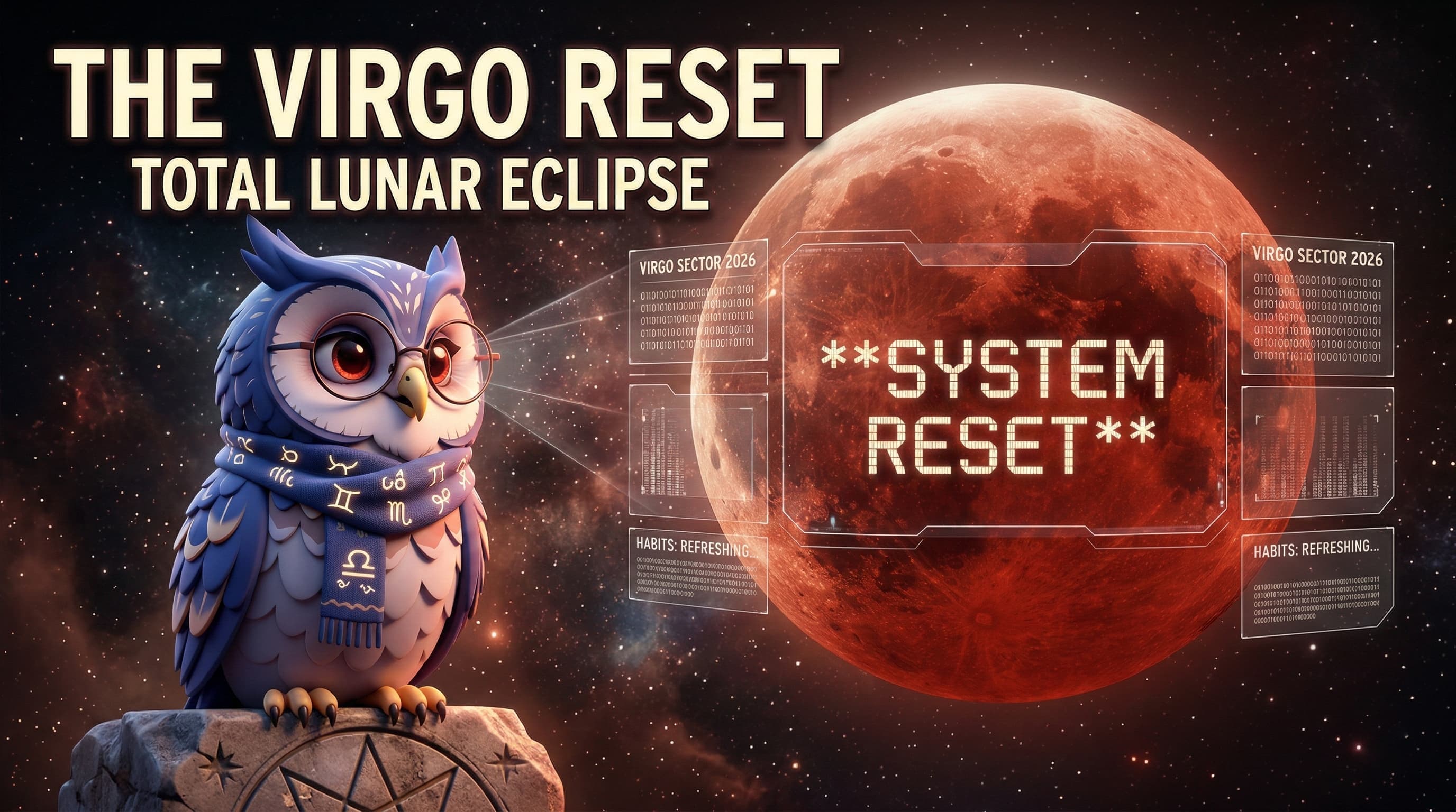 A mystical 3D render of Horo the Owl looking at a blood-red moon with a digital 'System Reset' overlay.