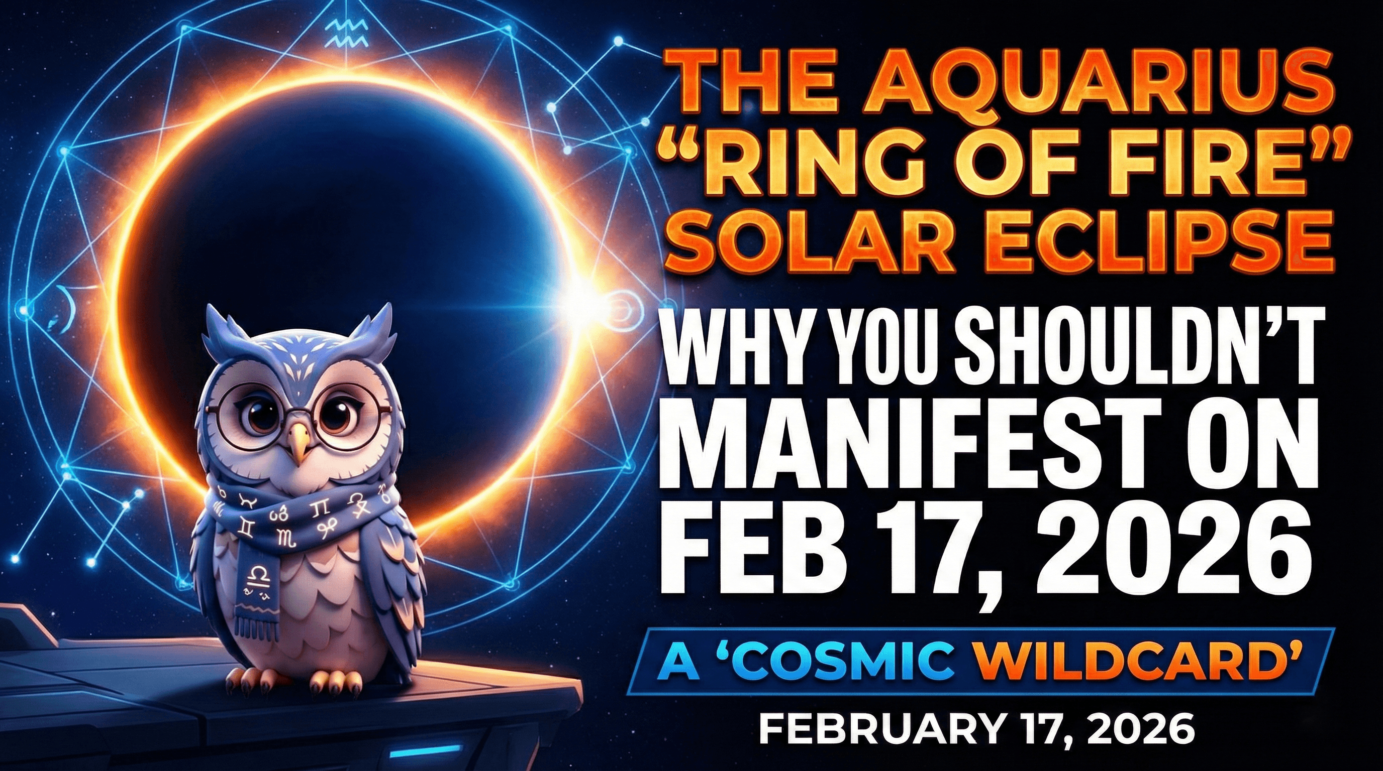 An annular solar eclipse (Ring of Fire) against a dark sky with futuristic Aquarian geometric overlays.