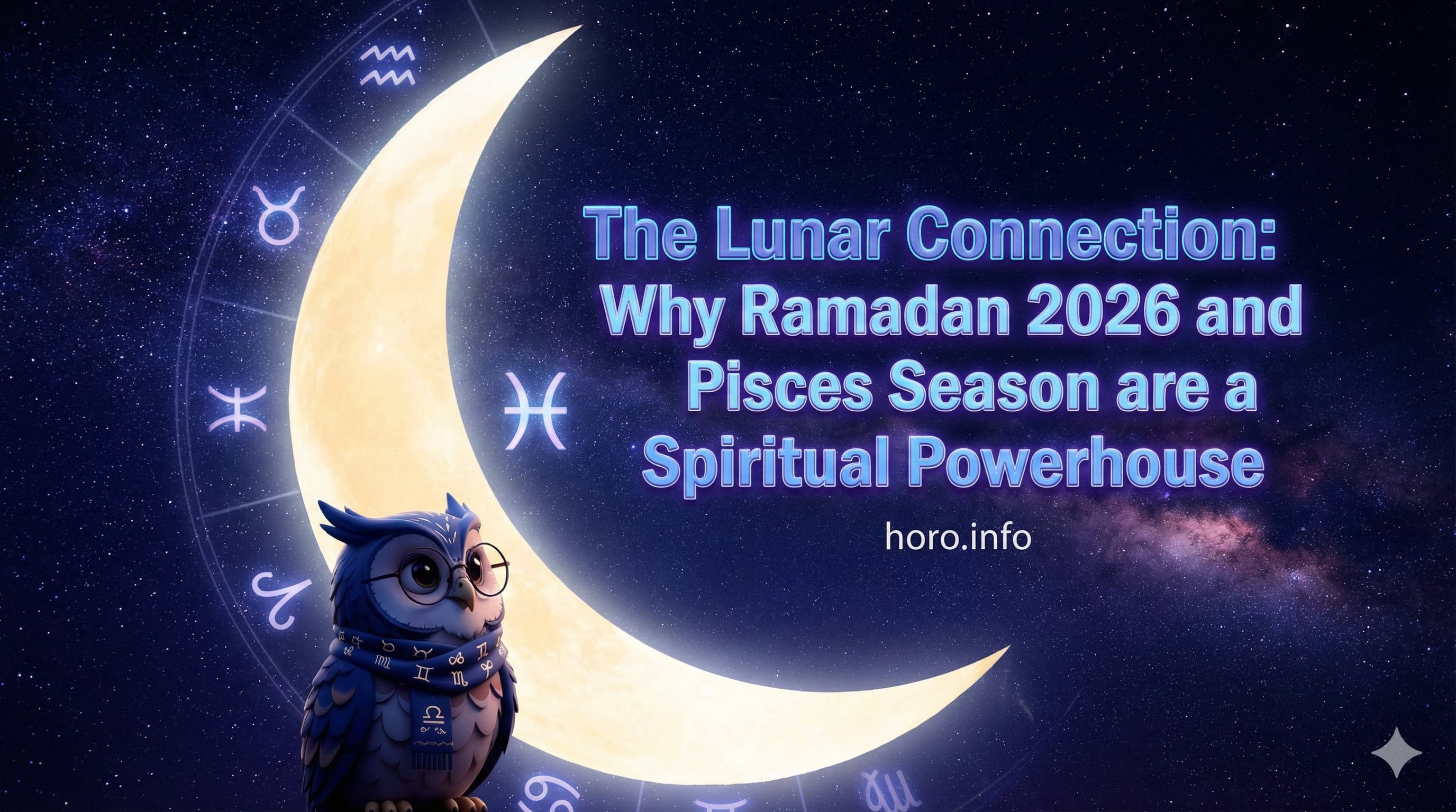 Horo the Owl silhouetted against a giant glowing crescent moon in a starry indigo sky