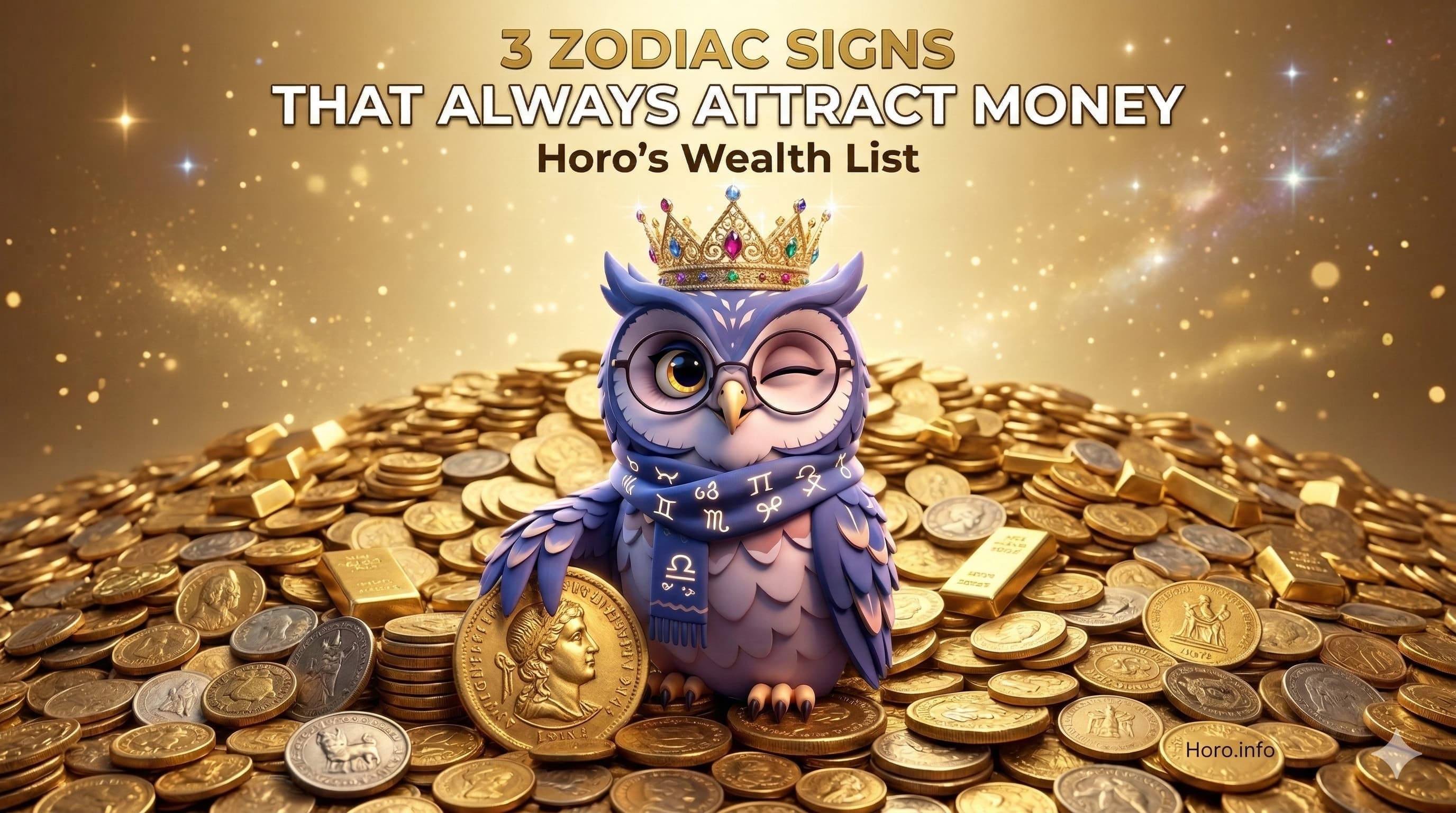 Horo the Owl sitting on a mountain of gold coins with a sparkling crown and a confident wink.