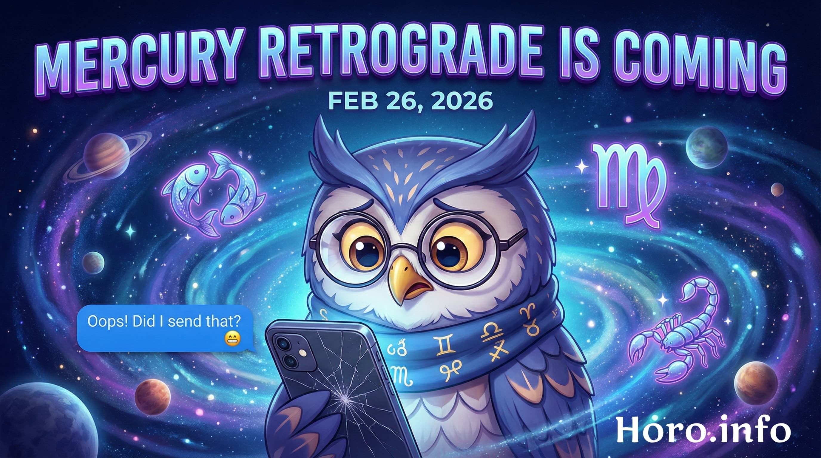 Horo the Owl mascot wearing glasses and looking worried at a smartphone during Mercury Retrograde 2026